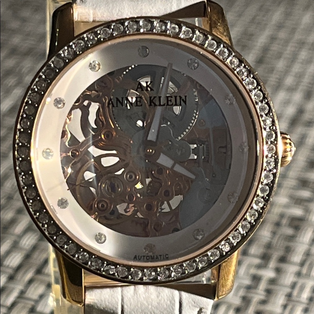Anne Klein Gold-Tone Skeleton Watch with White Strap